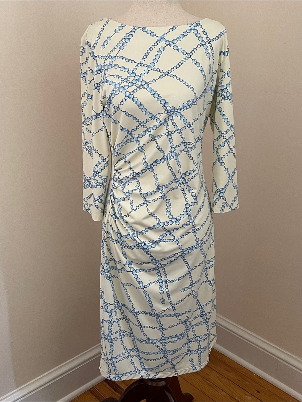 J McLaughlin Pearl Print Ruched Dress Blue White M